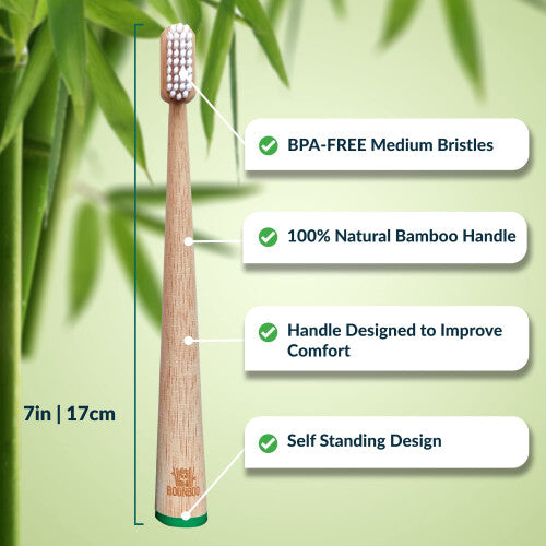 BOONBOO Bamboo Toothbrushes  Wooden Handle  Stand-Up  Pack of 4  Adult