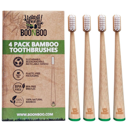 BOONBOO Bamboo Toothbrushes  Wooden Handle  Stand-Up  Pack of 4  Adult