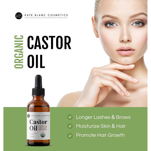 Castor Oil (2oz) USDA Certified Organic, 100% Pure, Cold Pressed, Hexane Free by Kate Blanc. Stimulate Growth for Eyelashes, Eyebrows, Hair