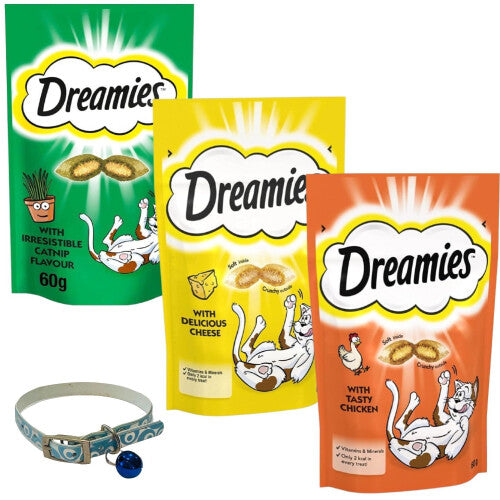 Cat Treats Bundle with Bell Collar Tasty Dream Snacks with Scrumptious Chicken, Cheese & Catnip Flavours Kittyen and Cat Biscuits Treats with No