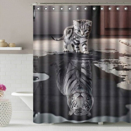 Cat with Tiger Heart Bathroom Accessories Mildew Waterproof Shower Curtain 3-piece Toilet Mats Rugs