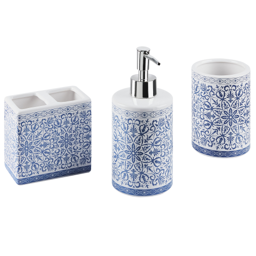 Ceramic 3-Piece Bathroom Accessories Set Blue and White CARORA