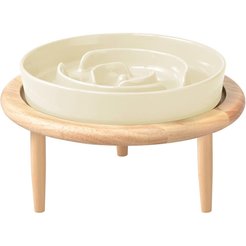 Ceramic Elevated Slow Feeder Dog Bowl Raised Dog Bowl to Slow Down Eating for Medium Breed,Anti-Choking,Pet Slow Feeder for Fun(Cream White)