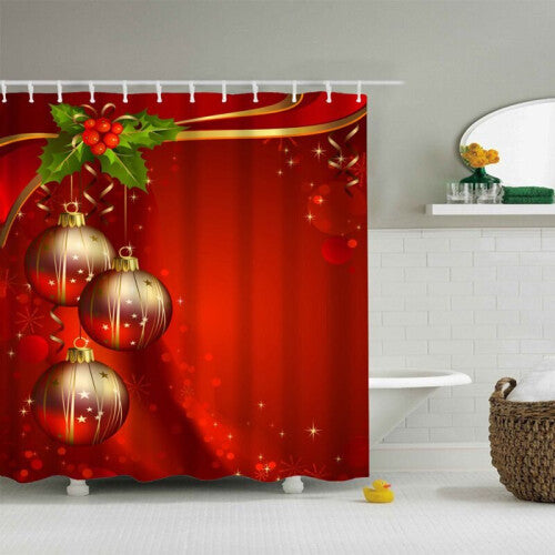 (Christmas Ball) 12 Hooks Xmas Polyester Christmas Home Shower Curtain Waterproof Bathroom