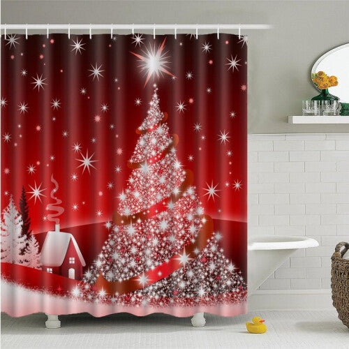 (Christmas Tree) 12 Hooks Christmas Home Polyester Shower Curtain Waterproof Bathroom Xmas