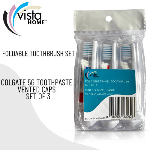 Colgate Travel Toothbrush Set of 3 by VistaHome - Foldable Toothbrush - Portable Toothbrush Set with Toothpaste - Orthodontic Toothbrush Set - Compact