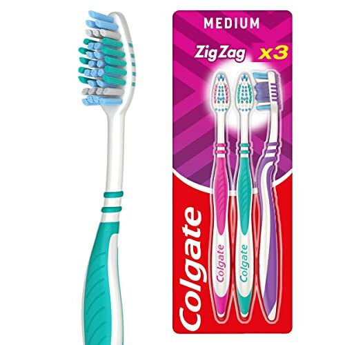 Colgate Zig Zag Medium Toothbrush Pack of 3, Multi Angle Cross Bristles with Flexible Neck for Gum Comfort