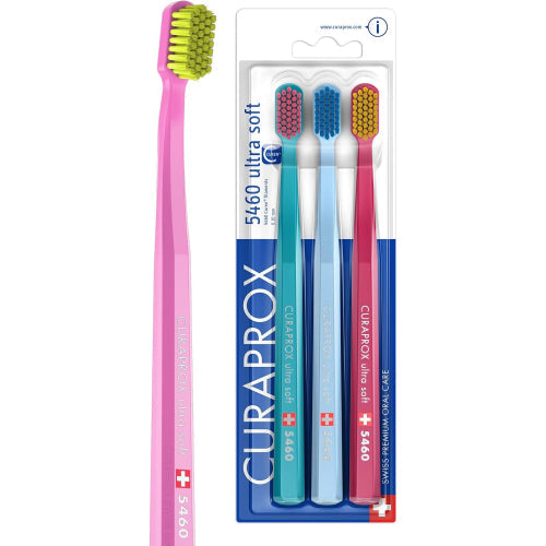 Curaprox Toothbrush Set CS 5460 - Pack of 3 Ultra Soft Manual Toothbrushes for Adults 5460 with Super Soft CUREN Bristles - Random Color