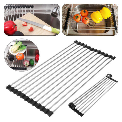 CZHONG-Steel Dish Drainer Over Sink Roll-Up Dish Drying Rack Draining Mat UK