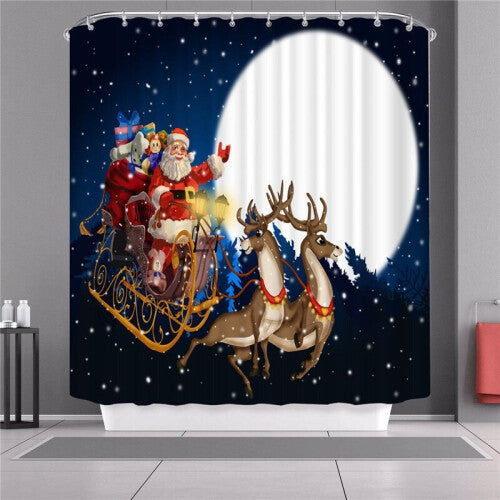 (Dark Blue, 180x200cm) Christmas Shower Curtain With Hook Waterproof Fabric Bathroom Santa Claus Xmas