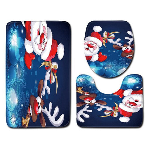 (Dark Blue-3pcs-50x80cm) 4pcs Christmas Shower Curtain Toilet Cushion Set Cover Mat Pad Rug Bathroom Xmas