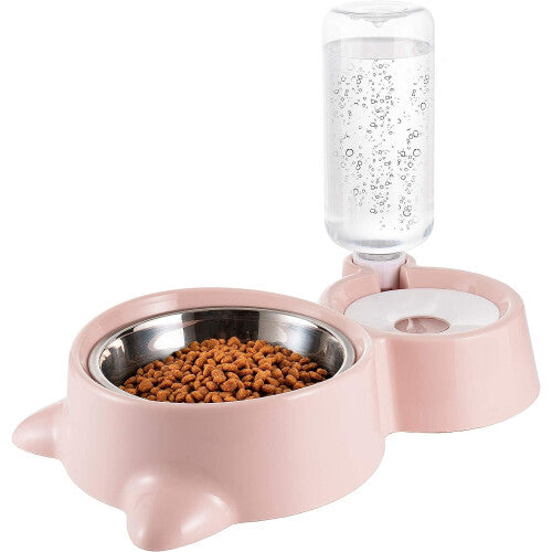 Detachable stainless steel bowl with automatic drinking bottle feeder (pink)