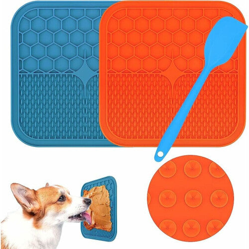 Dog Lick Mat, 2 Pieces Dog Lick Mat with Super Strong Suction with 1 Silicone Spatula, for Dog Care, Training and Claws,