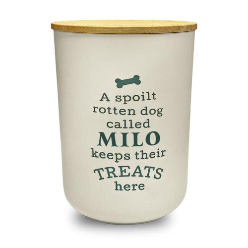 Dog Treat Jar Spoilt Puppy Pet Homeware Funny Green Wooden Lid - Milo