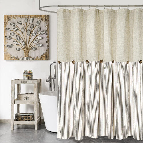 DOSLY ID?ES Farmhouse Shower Curtain Beige and Brown Stripe Button Curtain Linen and Cotton Woven Fabric Rustic Charm Country Chic Style 72x84 in