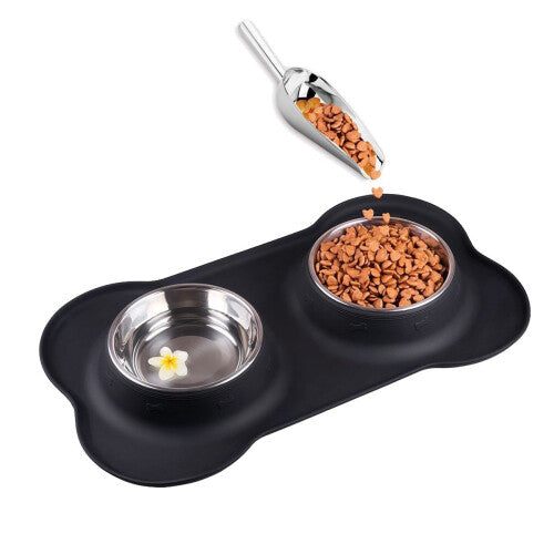 Double Dog Bowls- Stainless Steel Pet Water & Food Feeder with Non-skid Anti-overflow Silicon Tray and Mat for Puppy, Dogs, Cats and Other Pets...