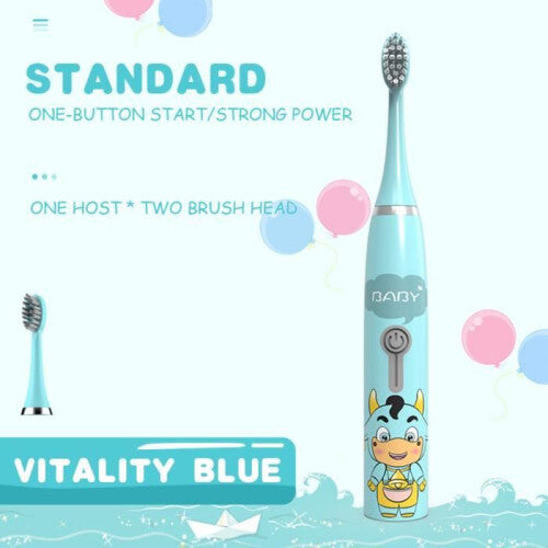 Electric Toothbrush for Children Sonic Rechargeable Wireless Waterproof with 2 Replacement Heads - Blue Calf