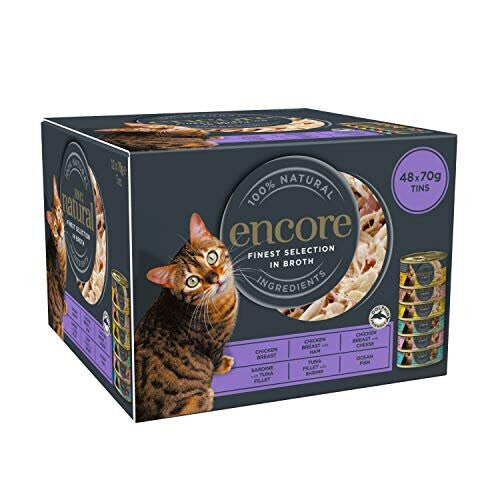 Encore 100% Natural Wet Cat Food, Multipack Chicken and Fish Selection in Broth 70 g Tins (Total of 48 Tins)