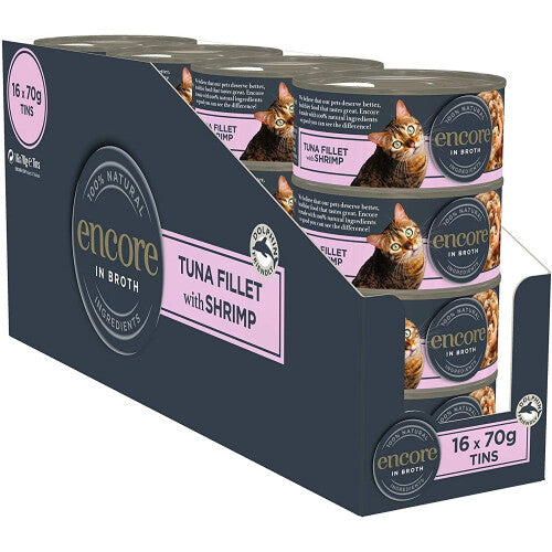 Encore 100% Natural Wet Cat Food, Tuna with Shrimp in 70 g Tins (Pack of 16)