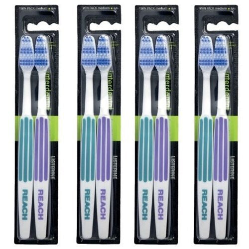 Essential Care Interdental Medium Toothbrush, Duo Pack x 4, Full Head Hard Bristle Manual Toothbrushes, Variety Colors Multipack, Daily Oral Enamel