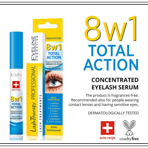 Eveline Cosmetics Eyelash Serum 8in1 | 10 ML | Lash Growth Activator | Strengthening and Thickening Conditioner | Argan Oil and Hyaluronic Acid