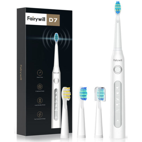 Fairywill Electric Toothbrush Rechargeable White 5 Modes 4 Brush Heads