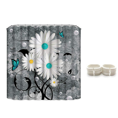 Floral Butterfly Shower Curtain White Daisy Shower Curtain for Bathroom Farmhouse Rustic Bathroom Curtain with 12 Hooks