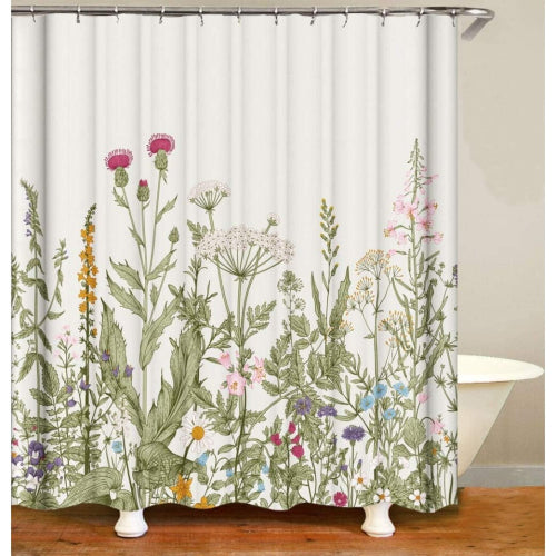 Floral Shower Curtain with pink flowers & green plant Includes 12 hooks,For bathroom decor 180 x 180 cm