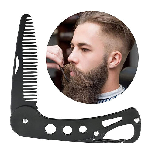 Folding Comb Stainless Steel Metal Pocket Beard Comb (Black)