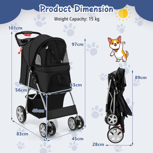 Folding Pet Stroller Portable Pet Travel Pushchair 4 Wheels w/ Basket