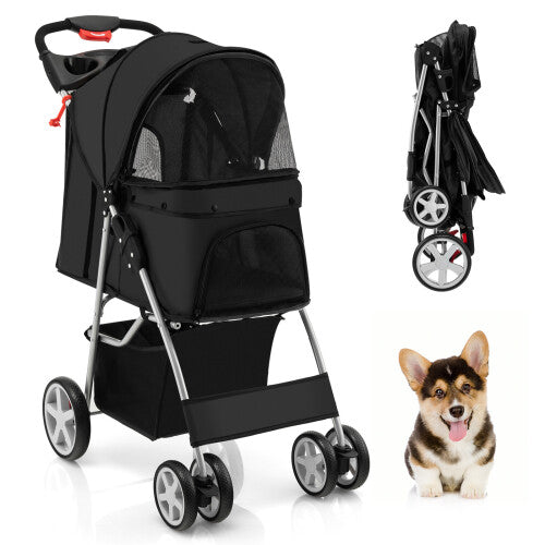 Folding Pet Stroller Portable Pet Travel Pushchair 4 Wheels w/ Basket