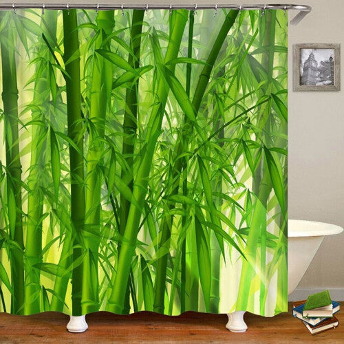 (G, 180x200cm) 12 Hooks Waterproof Bamboo Waterfall Pattern Mildewproof Bath Curtain Shower Curtains