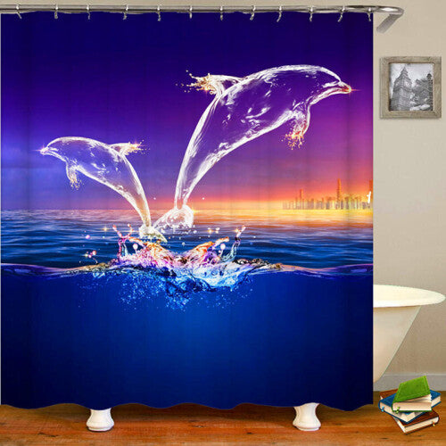 Glowing Dolphin Waterproof Shower Curtain Non-Slip Floor Mat Rug Lid Toilet Cover Set Bathroom Suit Waterproof Bath Curtain with 12 Hooks