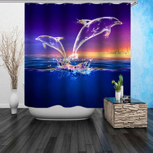 Glowing Dolphin Waterproof Shower Curtain Non-Slip Floor Mat Rug Lid Toilet Cover Set Bathroom Suit Waterproof Bath Curtain with 12 Hooks