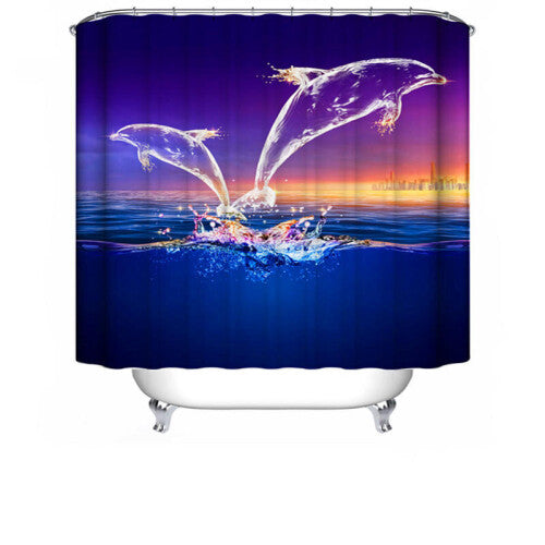 Glowing Dolphin Waterproof Shower Curtain Non-Slip Floor Mat Rug Lid Toilet Cover Set Bathroom Suit Waterproof Bath Curtain with 12 Hooks