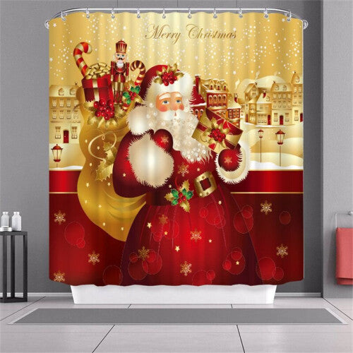 (Gold, 180x200cm) Christmas Shower Curtain With Hook Waterproof Fabric Bathroom Santa Claus Xmas