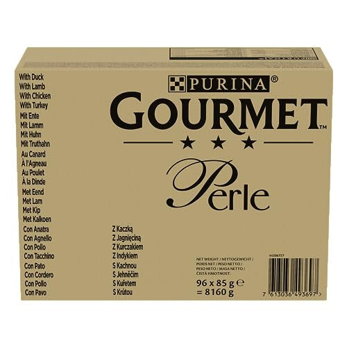 Gourmet Perle Adult Wet Cat Food Chef's Collection in Gravy with Duck, Lamb, Chicken, Turkey 96 x 85g Packs