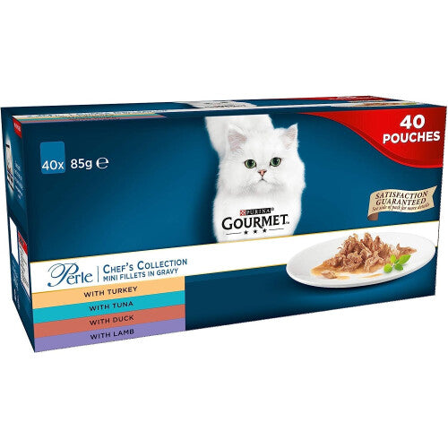 Gourmet Wet Cat Food Pouches in Gravy - Perle Chef's Collection 40 x 85g - Mix of Fish, Lamb, Duck, Turkey, Pet Food - Wet - Bulk Food, Cat Wet Food