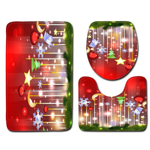 (Green Red-3pcs-50x80cm) Christmas Shower Curtain Toilet Cushion Set Cover Mat Pad Rug Bathroom Xmas