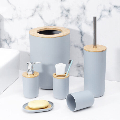 (Grey) 6pcs Bathroom Accessories Set Bin Soap Dispenser