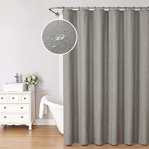 Grey Shower Curtain Mould Proof Washable Quick Dry, Linen Waterproof Decorative Bathroom Shower Curtains for Wet Room with 12 Hooks 180x180cm