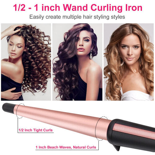 Hair Curling Wand, 13-25MM Tapered Curling Iron, Professional Ceramic Hair Curler Wand with Heat-Resistant Glove, Dual Voltage (Rose Gold)