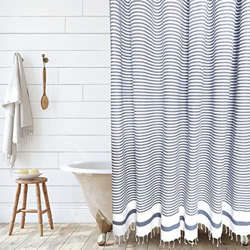 HALL  PERRY Modern Catalina Shower Curtain 100 Cotton Striped Fabric with Tassels for Bathroom DorCatalina Chambray 72x72