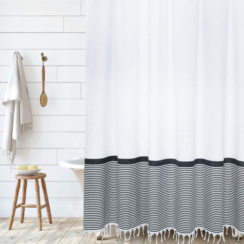 HALL  PERRY Modern Farmhouse Tassel Shower Curtain 100 Cotton Striped Fabric Shower Curtain with Tassels for Bathroom D  cor