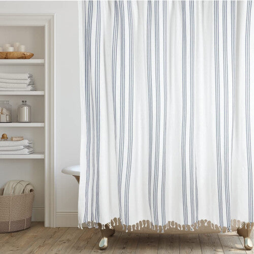 HALL  PERRY Modern Transitional Chambray Blue Striped Shower Curtain with Tassels  Vertical White and Chambray Blue Striped 10