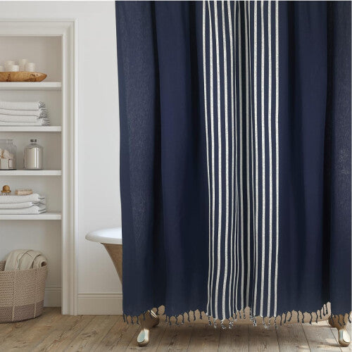 HALL  PERRY Modern Transitional Stripe Shower Curtain with Tassels  Vertical Navy Lines Striped 100 Cotton  72 x 72