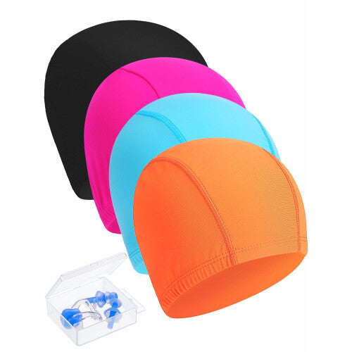 Hestya 4 Pieces Swim Caps, Lightweight Swimming Caps Suitable for Kids, Women, Men While Swimming, Come with Nose Clip and Ear Plugs