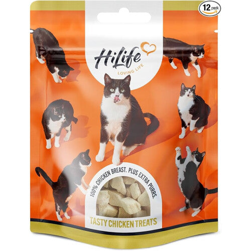 HiLife Chicken Breast Cat Treats Freeze Dried & Grain Free Chicken Treats Adult Cats Made Natural Ingredients Suitable Indoor & Outdoor 12 Bags x 10g