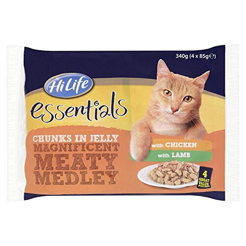 HiLife essentials - Complete Wet Cat Food - Magnificent Meaty Medley Chunks in Jelly - Chicken, Lamb, 52 Pouches x 85g