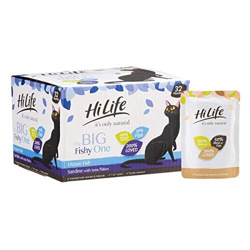 HiLife it's only natural - Complete Wet Cat Food - The Big Fishy One in Jelly - 100% Natural Ingredients Grain Free, 32 Pouches x 70g